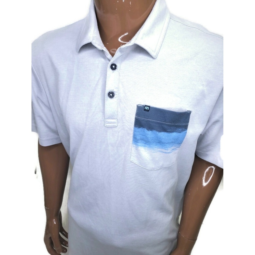 TravisMathew Mens XL Gray Short Sleeve Golf Polo Shirt Wave Graphic Pocket